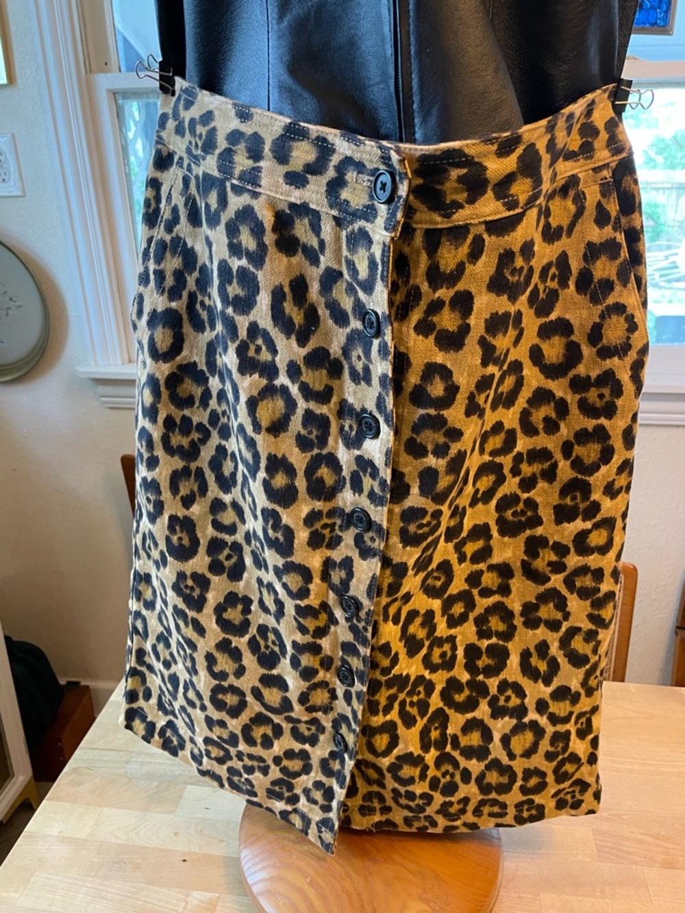 Ralph Lauren Leopard-Print Button-Front Midi Skirt in Tan and Black Cotton/Linen